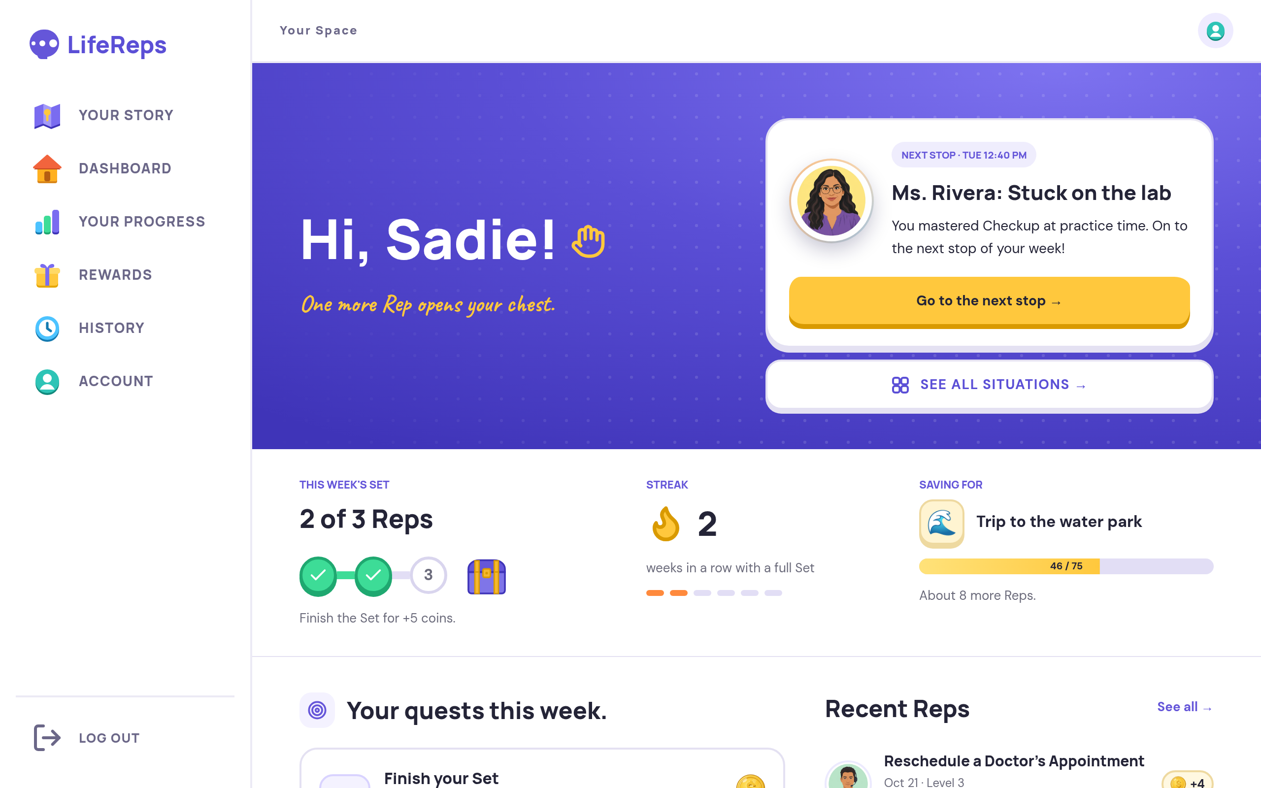 The LifeReps kid home screen: Hi, Sadie!