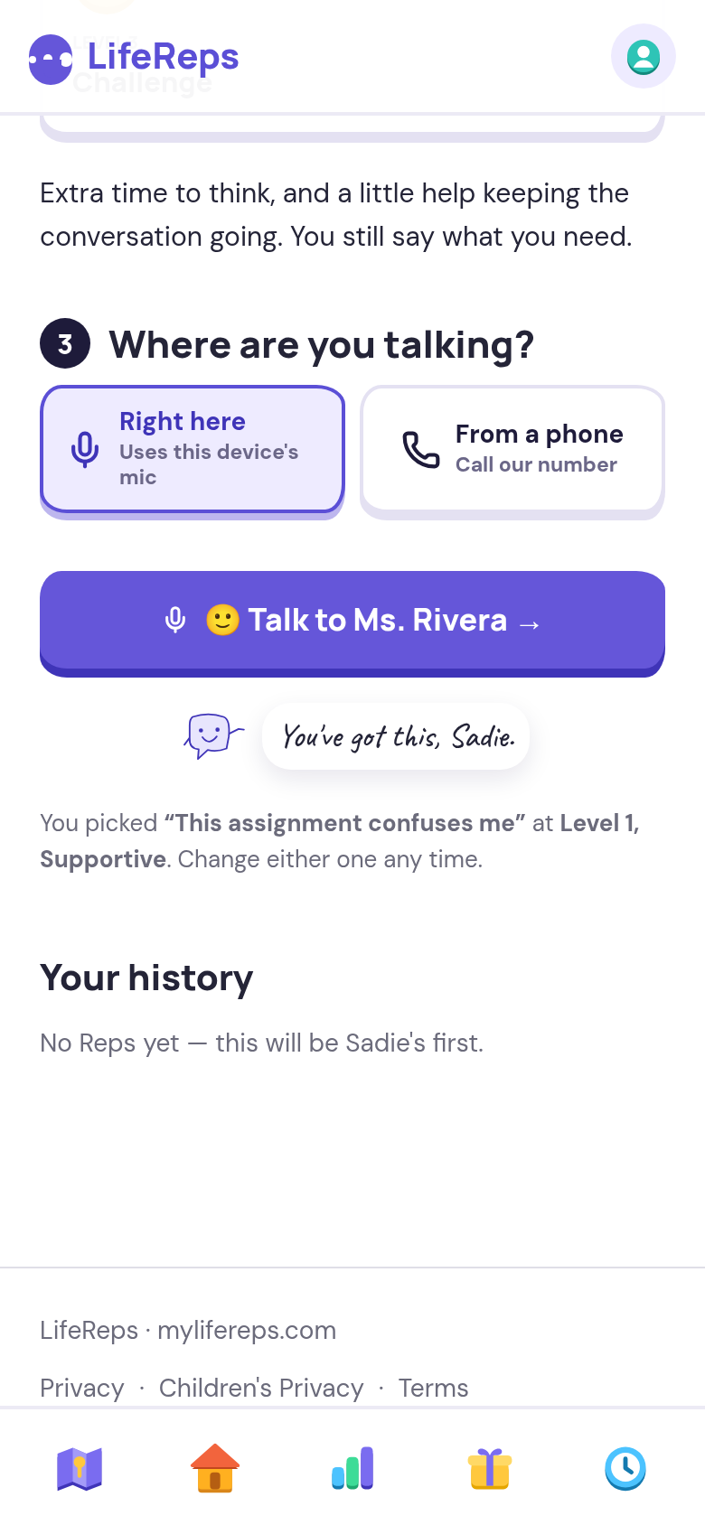 Choosing Ask a teacher for help in LifeReps